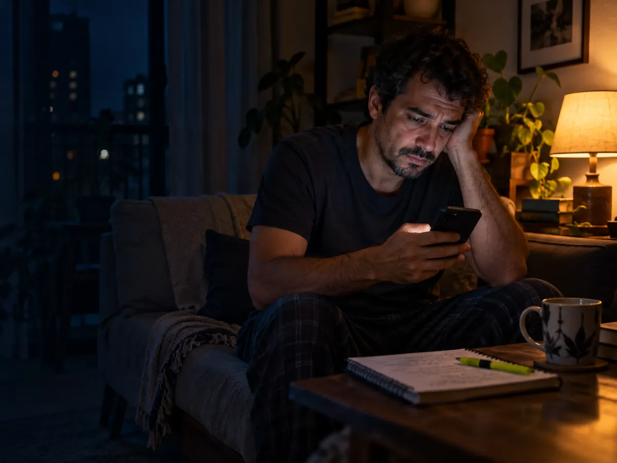 Professor sentado no sofá à noite, cansado, digitando no celular