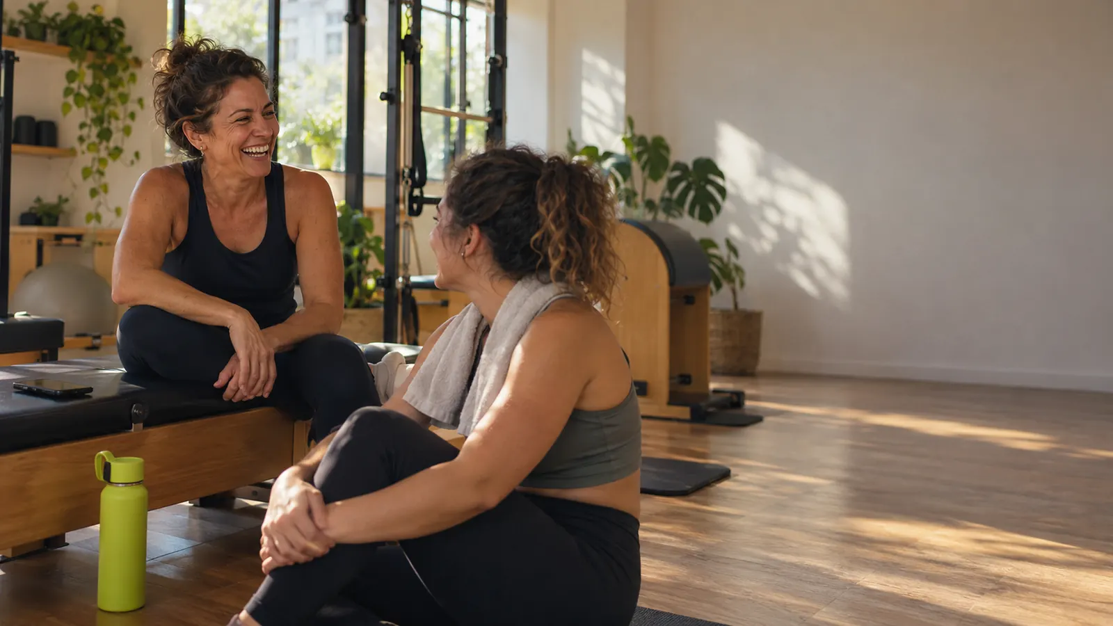 Dona de estúdio de pilates rindo com uma aluna depois da aula, com o celular deixado de lado